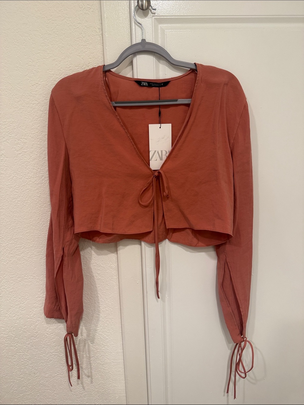 Zara Cropped Tie-Front Long-Sleeve Top in Rust